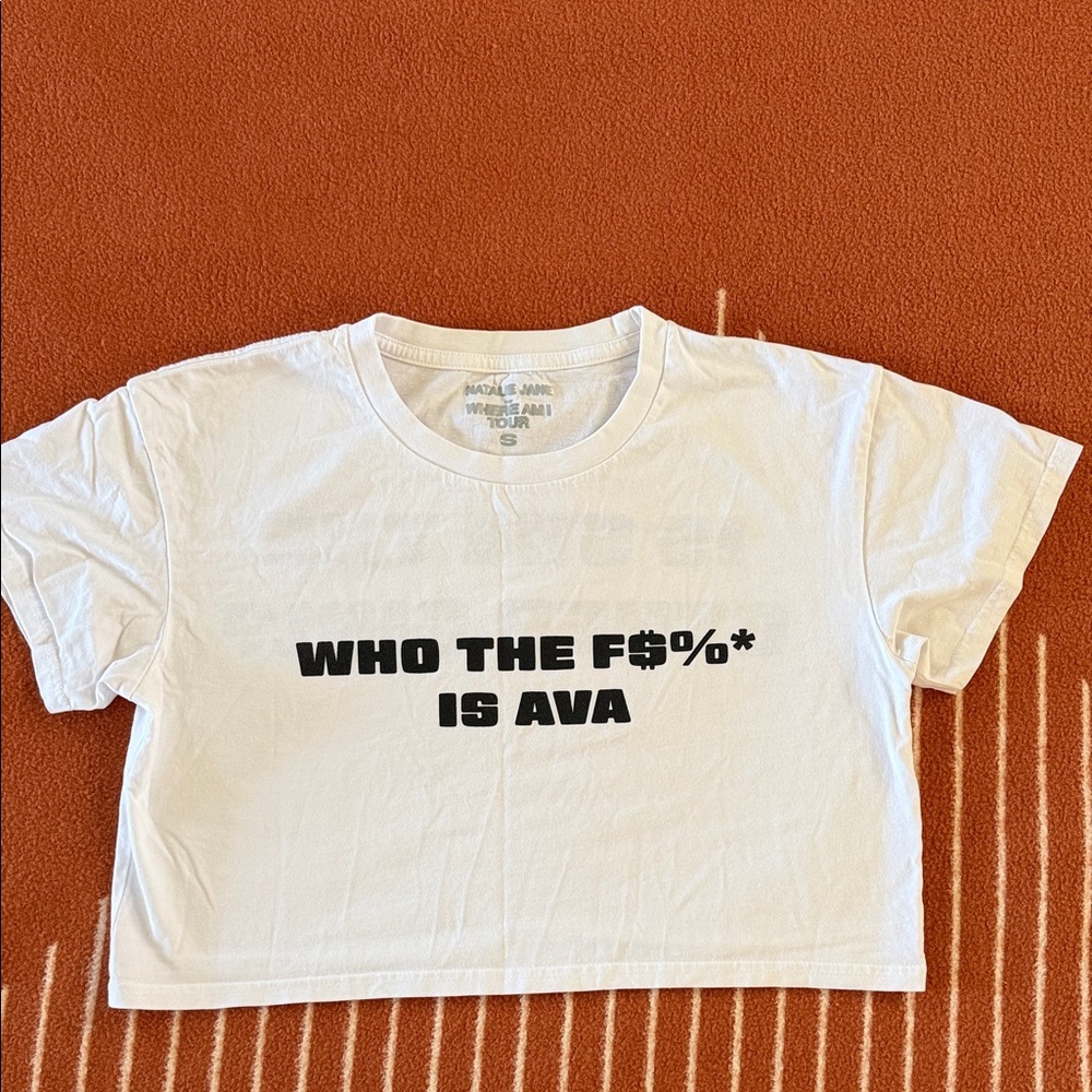 Natalie Jane Tour White Graphic Crop Tee with Bold Black Text